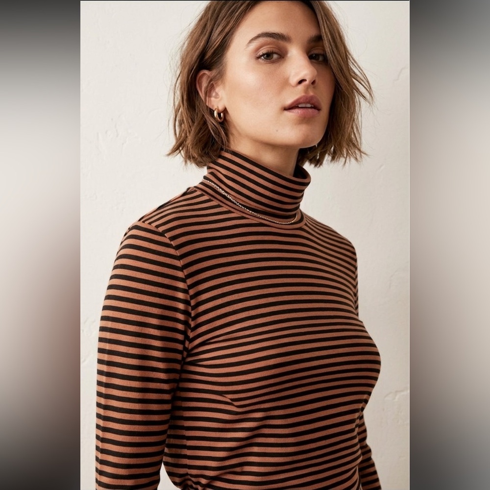 Demylee New York Mock Neck Striped Long Sleeve Casual Tee Sz XL